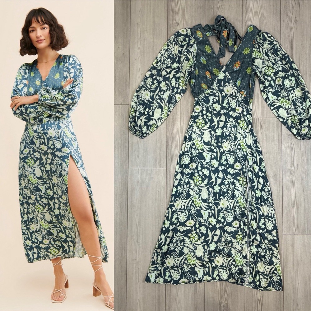 Damson Madder Stormi bohemian floral maxi satin dress w/ side slit Size US 8
